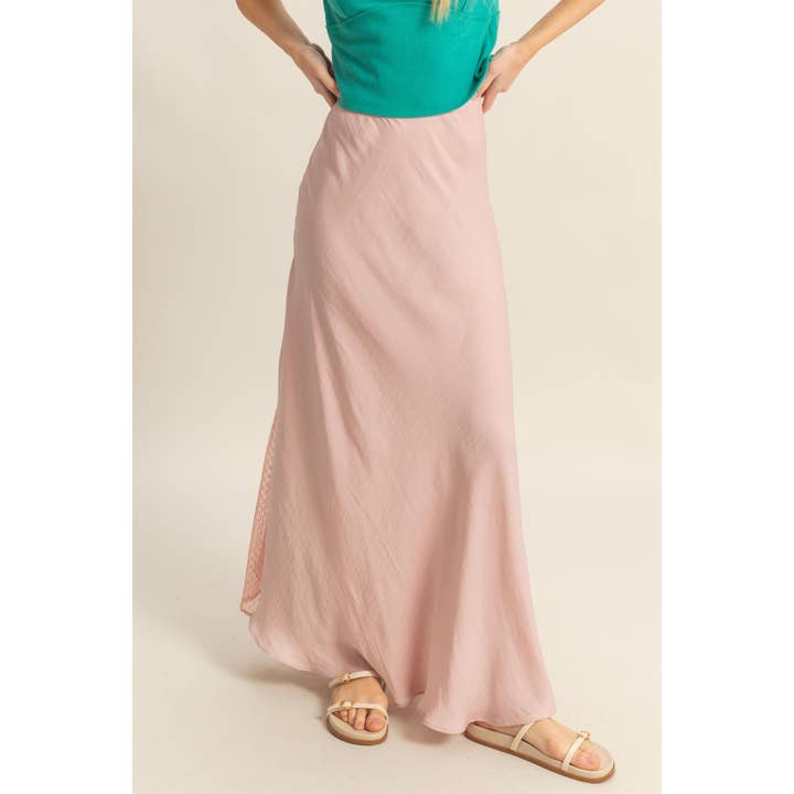 HYFVE - Wholesale Skirt - Women's - HF25C668-Mixed Media Lace Detail Satin Maxi Skirt