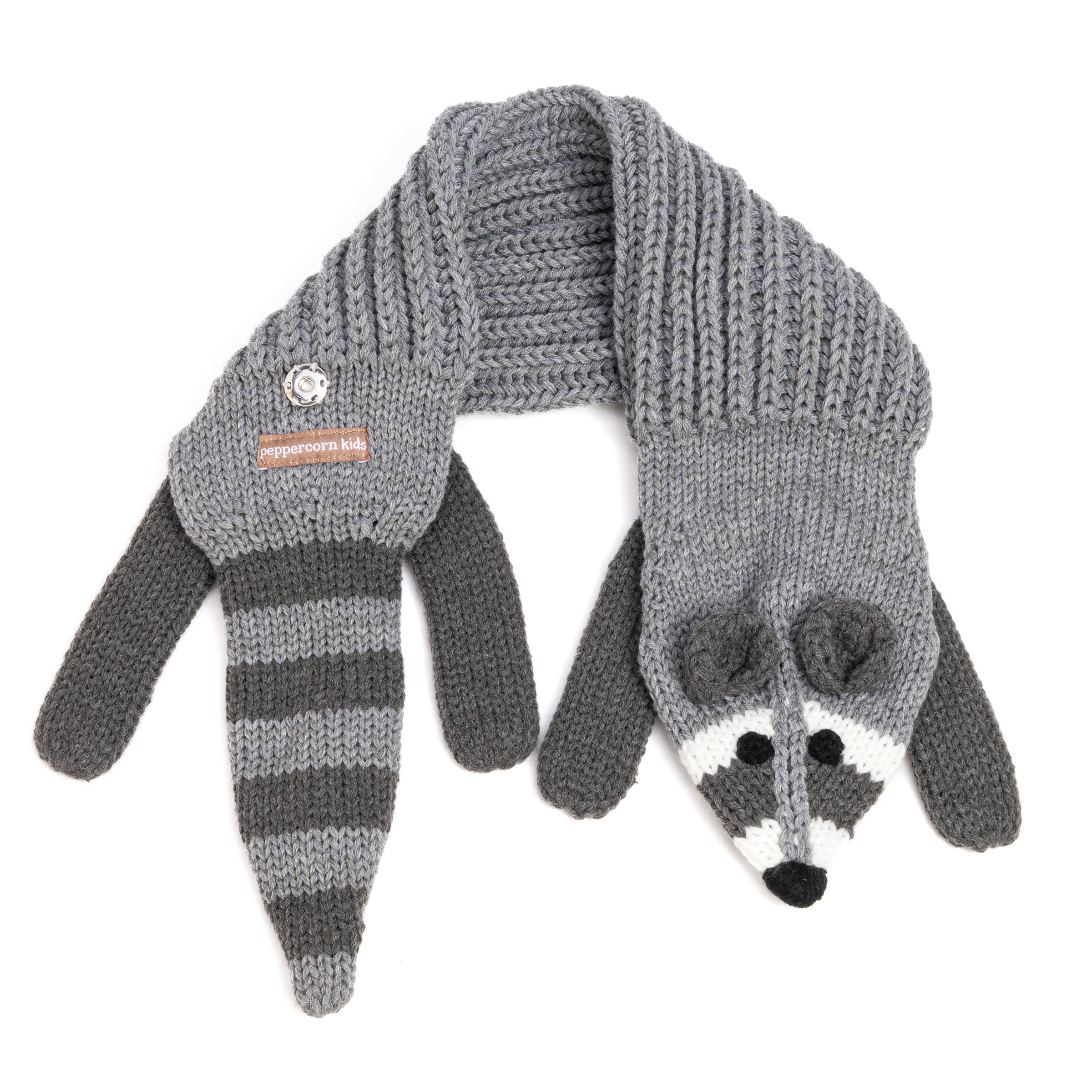 Peppercorn Kids - Wholesale Scarf - Kids - Kids Raccoon Knit Scarf with Snap Closure - Grey Unisex 5-122