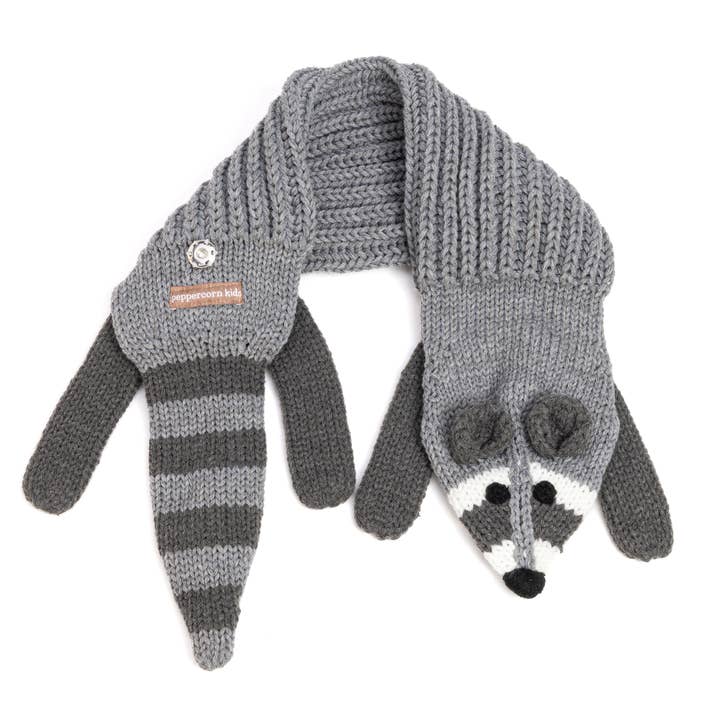 Peppercorn Kids - Wholesale Scarf - Kids - Kids Raccoon Knit Scarf with Snap Closure - Grey Unisex 5-122