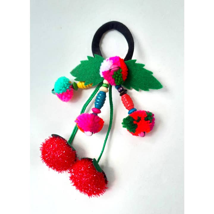 Beige & Co Thai Crafts - Vente Élastique à cheveux - Chouchou Cerise Pompon Style Bohème2