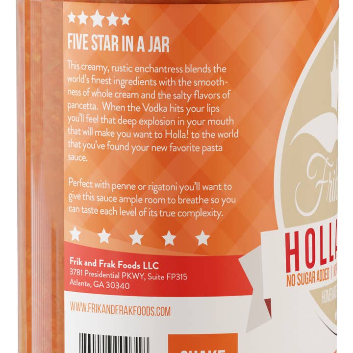 Frik and Frak Foods - Wholesale Pasta Sauce - Holla Vodka! - Velvety Smooth Vodka Sauce