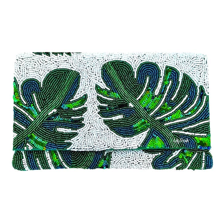 Beaded Leaf Clutch Crossbody Bag, Bridal Clutch, Tropical for wholesale by Lily Posh