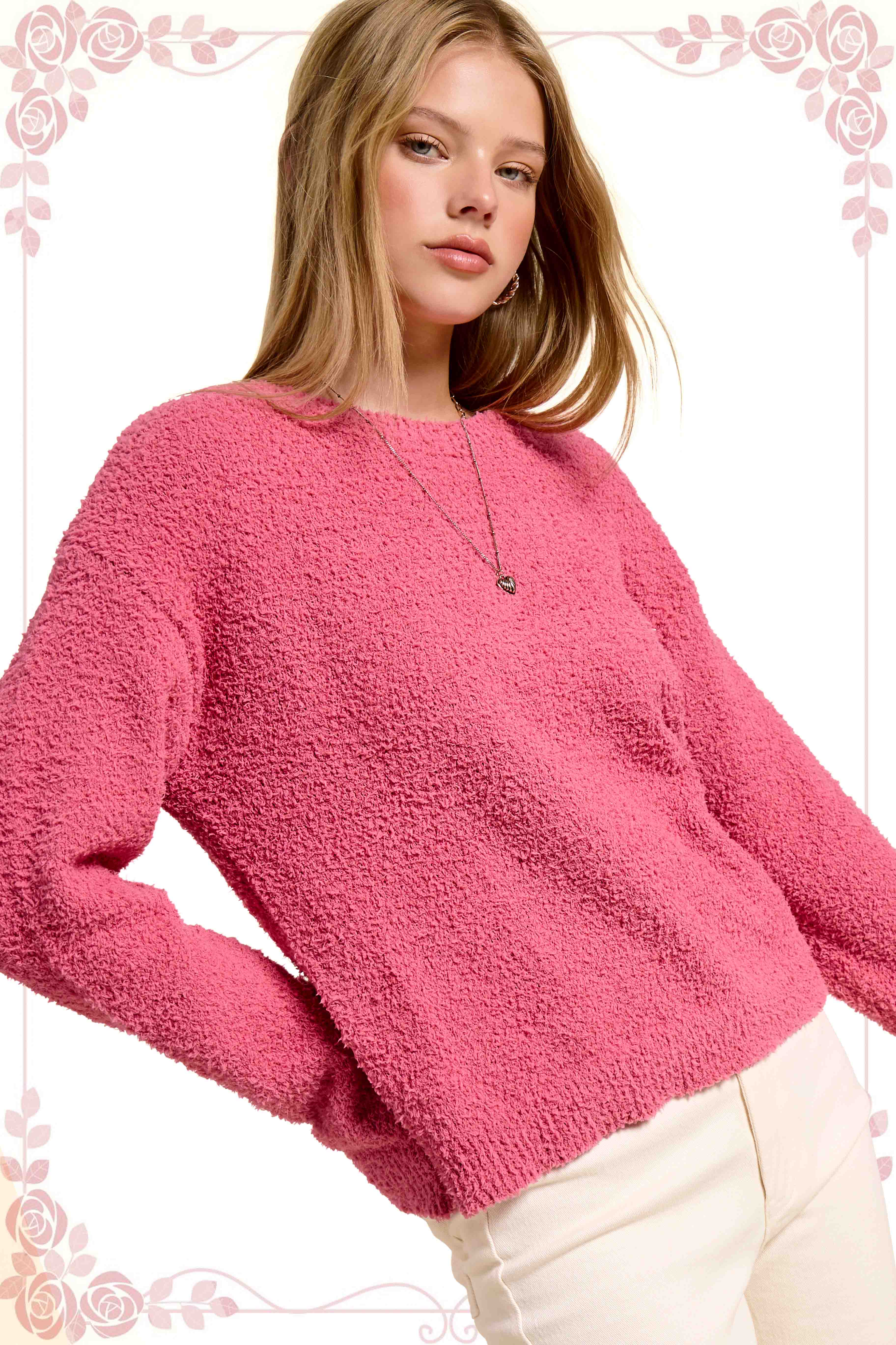 La Miel - Wholesale Knit Sweater - Women's - JDS3605-Fuzzy Reversible Drawstring V-Neck Sweater7