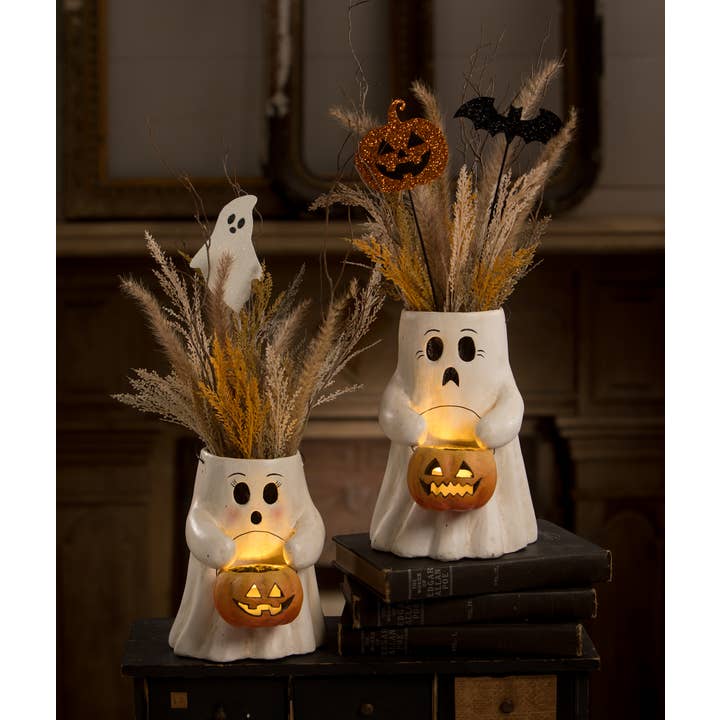 Bethany Lowe Designs - Wholesale Decorative Figurine - Sweet Boo With Pumpkin Bucket Paper Mache