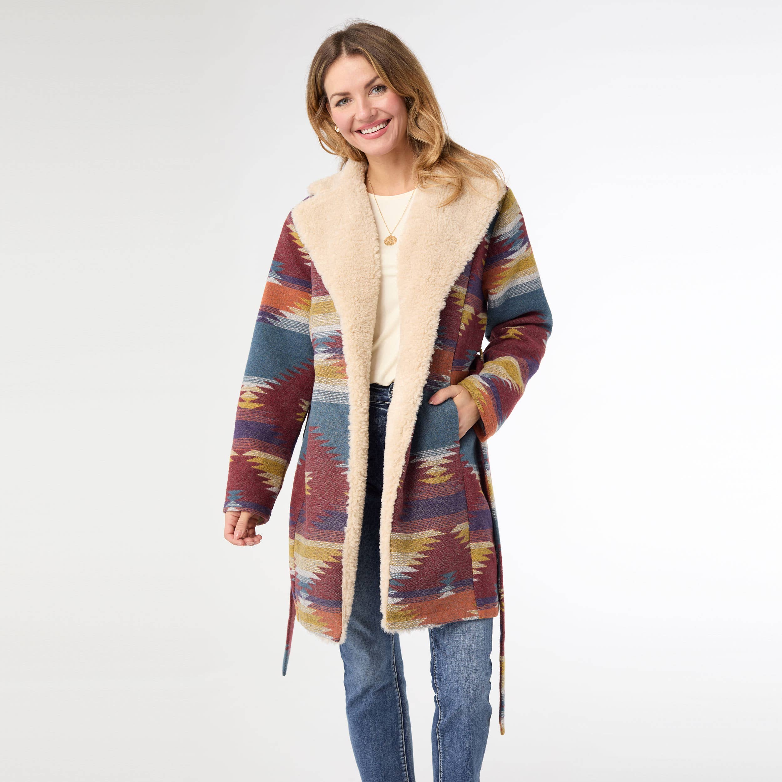 Rouille/Denim Surchemise imprimée aztèque ceinturée rubis en vente sur Faire1