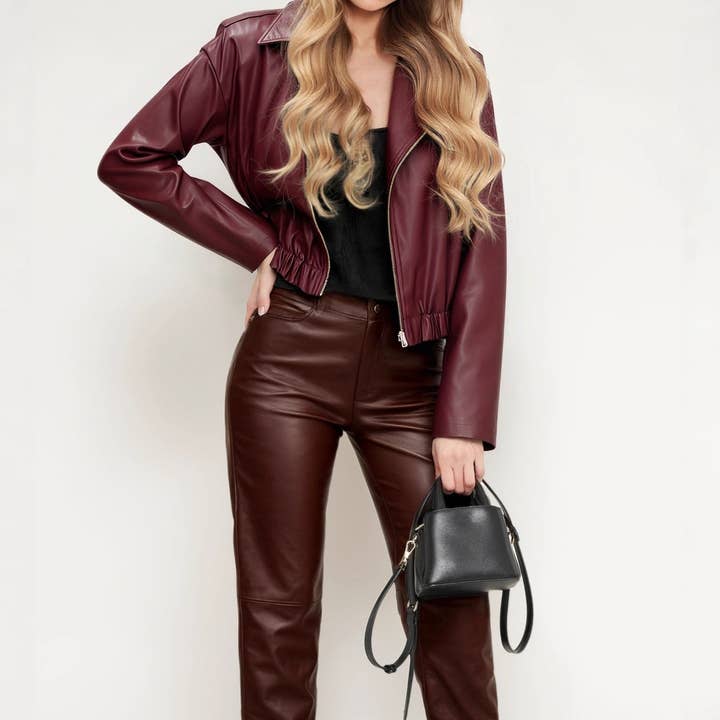 Retro Notch Collar PU Jacket Women Faux Leather Coat N5A774 for wholesale by alberalkirk