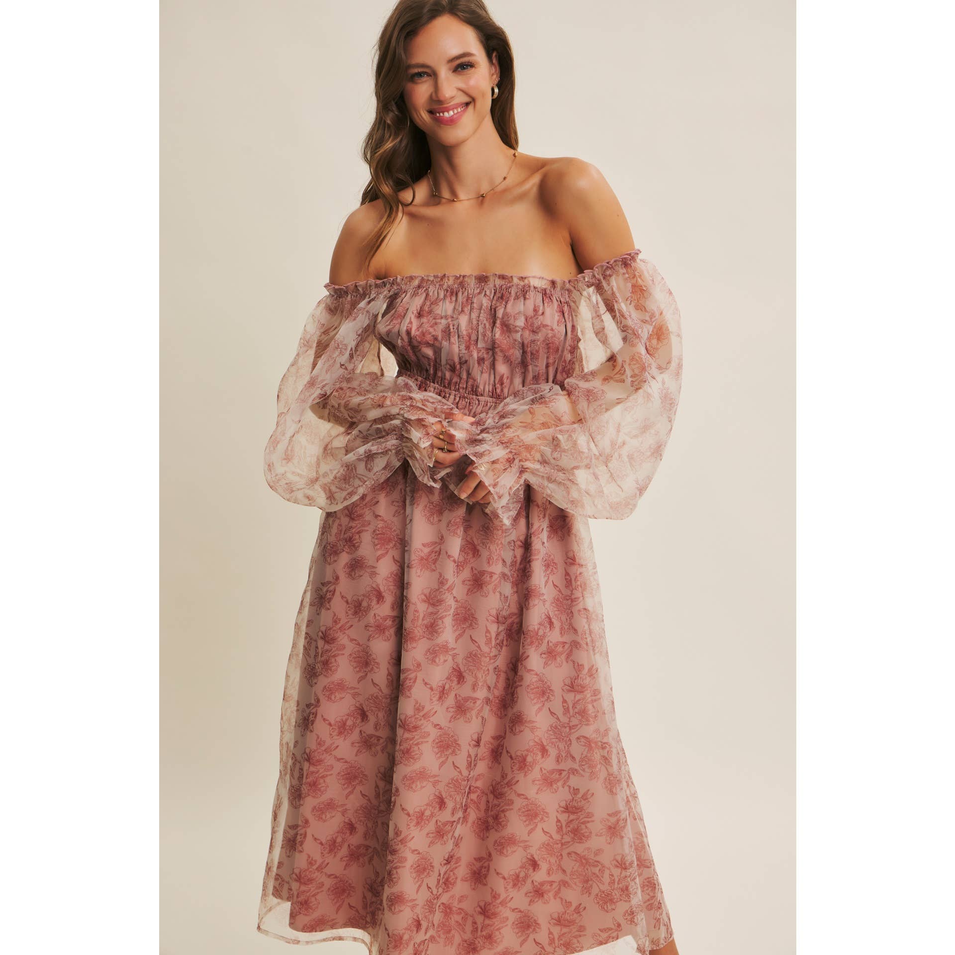 in february - Wholesale Jurk - Dames - ETHERISCHE ELEGANTIE BLOEMIGE ORGANZA MIDI-JURK MET ELASTISCHE TAILLE13