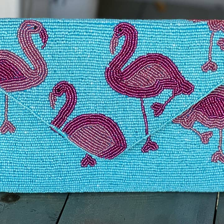 OBX Prep - Wholesale Clutch Bag - Women's - Flamingo Turquoise Seed Beaded Clutch Bag Handmade