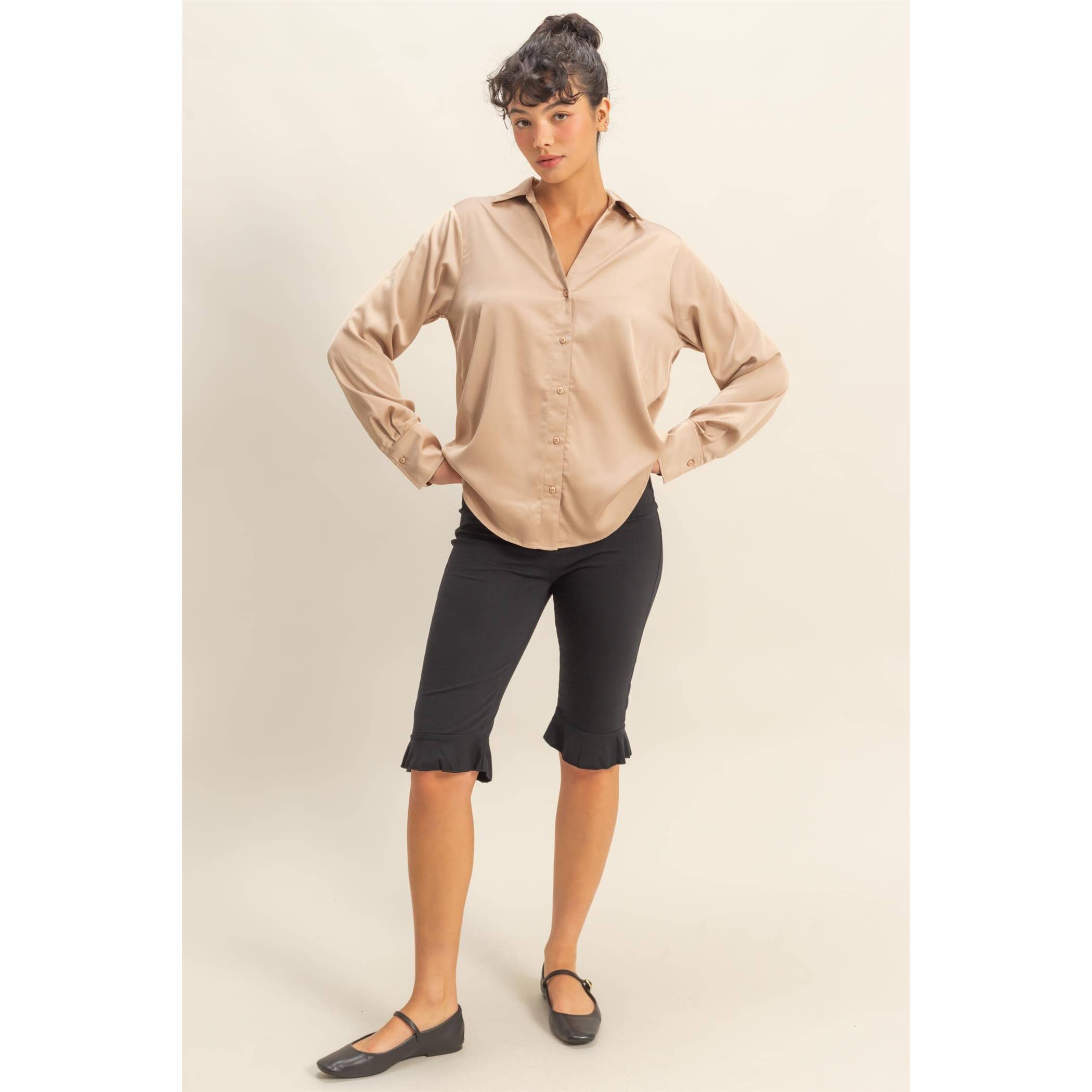 Double Zero - Wholesale Blouse - Women's - Button-Up Satin Shirt With Collared Neckline30