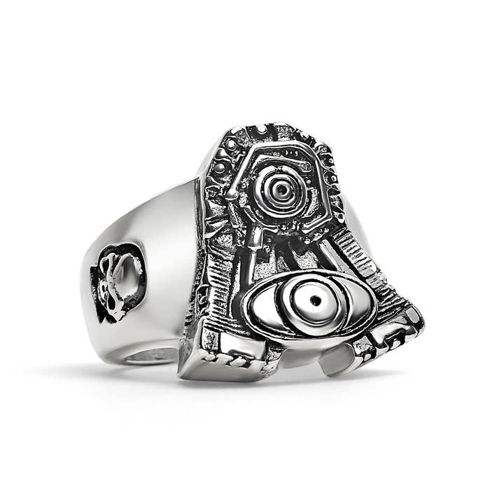 WJW - Wholesale Cocktail/Statement Ring - Stainless Steel Motorcycle Engine With Skull Accents Ring3