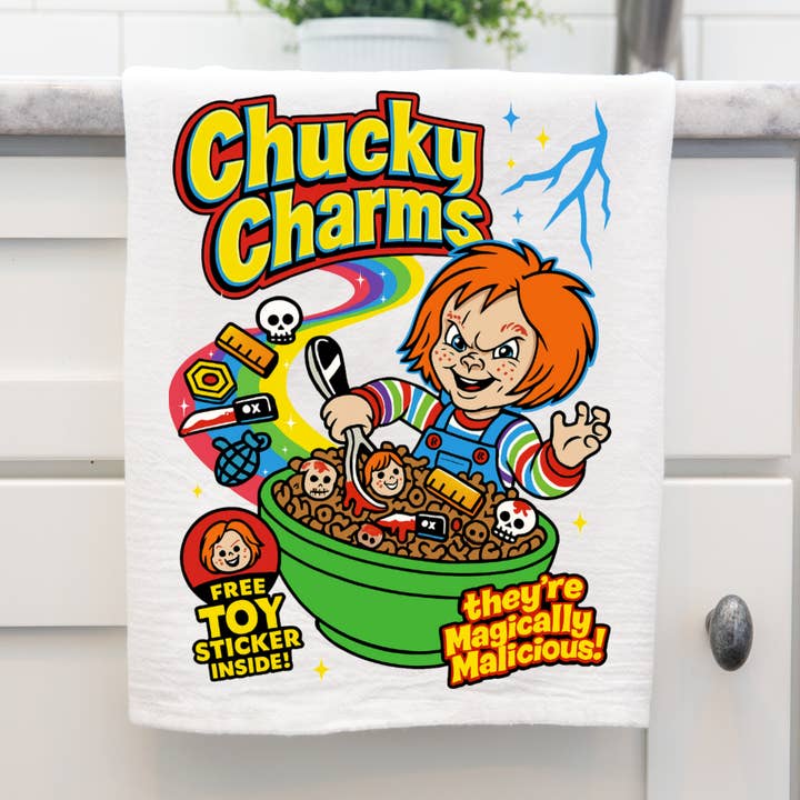 Halloween Chucky Charms Kitchen Towel for wholesale by Love You a Latte Shop
