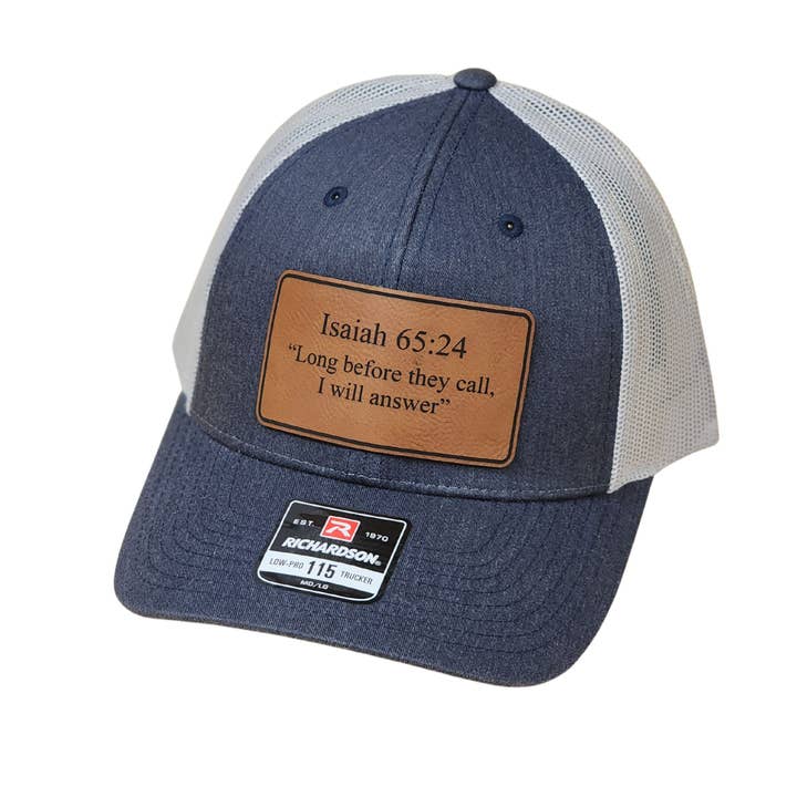 Navy Mesh Trucker Hat with Isaiah 65:24 Quote for wholesale by Knot Creatives