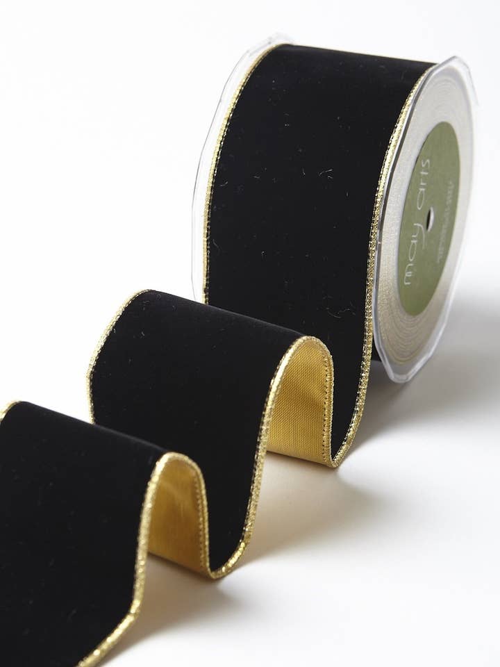 2,5" svart sammet vändbart guld trådbundet band för wholesale av May Arts Ribbon