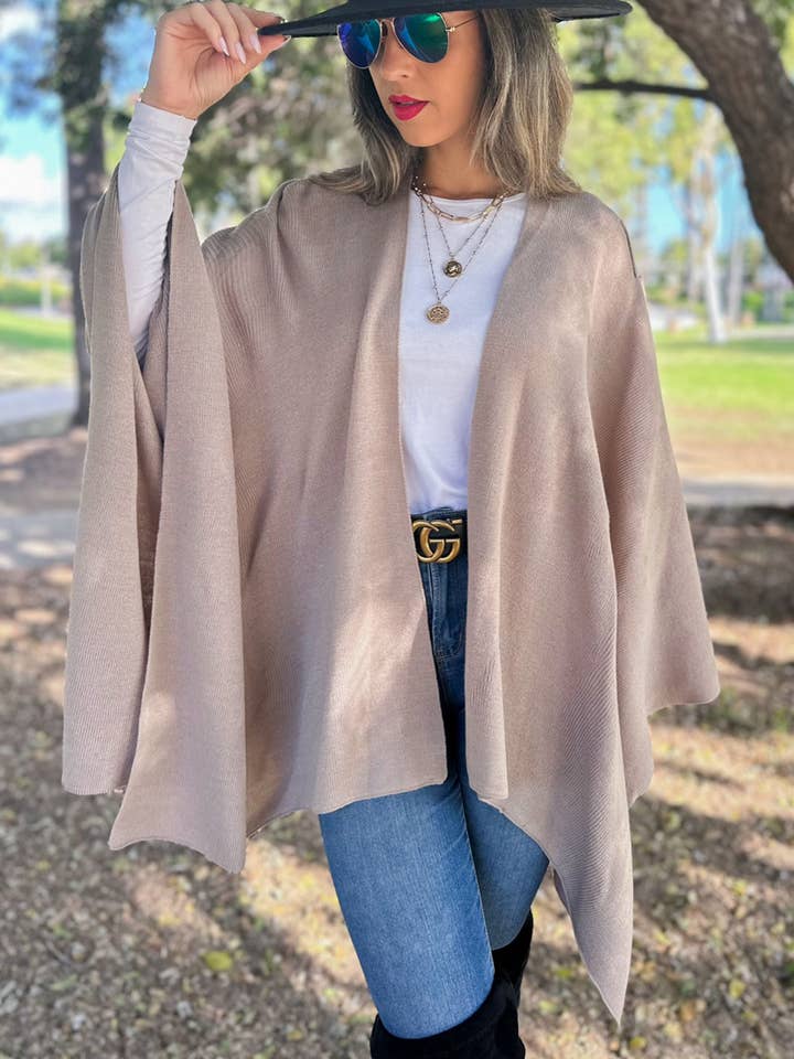 Taupe Solid Knit Ruana Shawl with Shoulder Strap for wholesale on Faire3