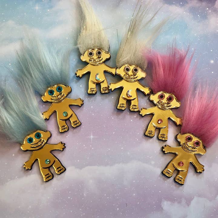 I'm Your Present - Wholesale Dangle Earrings - Furry Treasure Troll, Pink, White Or Blue, Acrylic Laser Cut Earrings, Plastic Jewelry