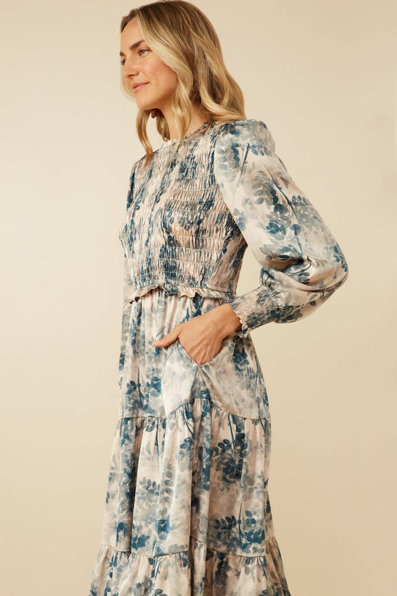 Beige Vestido de satén con cuerpo fruncido y estampado botánico para mujer de venta al por mayor en Faire5