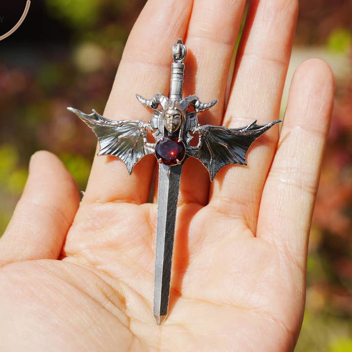 Gothic Sword Pendant in 925 Silver with Garnet Gemstone, Oxidized Vintage Design, Unisex Necklace as Birthday Gift for wholesale by idjewelry