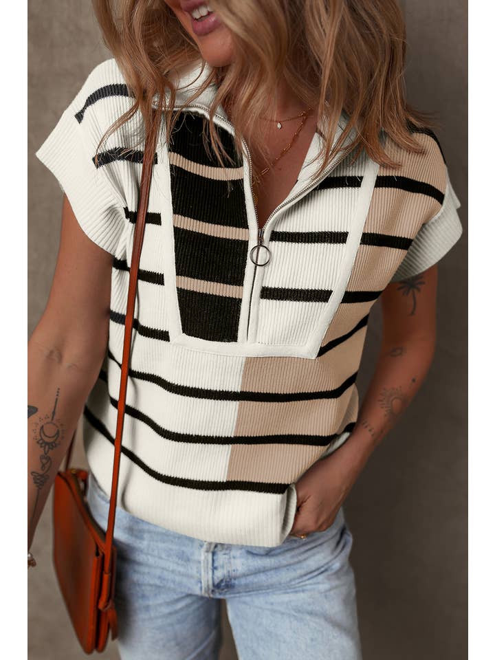 Little Daisy Closet - Wholesale Sweater Vest - Women's - LDC Stripe Colorblock Quarter Zip Collar Sweater Vest