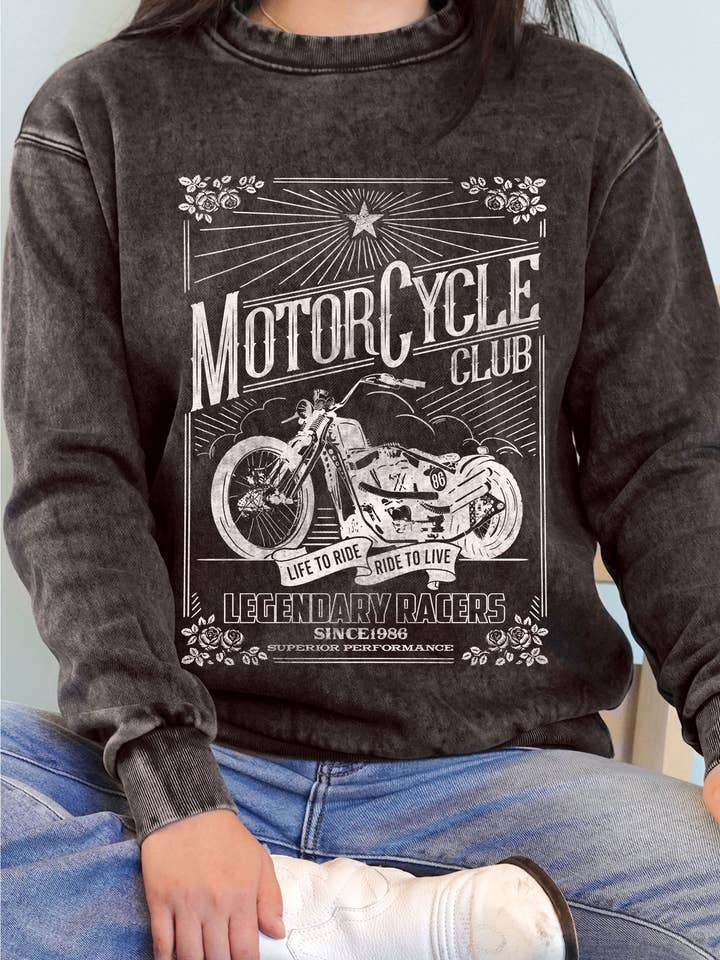 MOTORCYCLE CLUB GRAPHIC MINERAL BRUSHED SWEATSHIRT for wholesale by Rustee Clothing