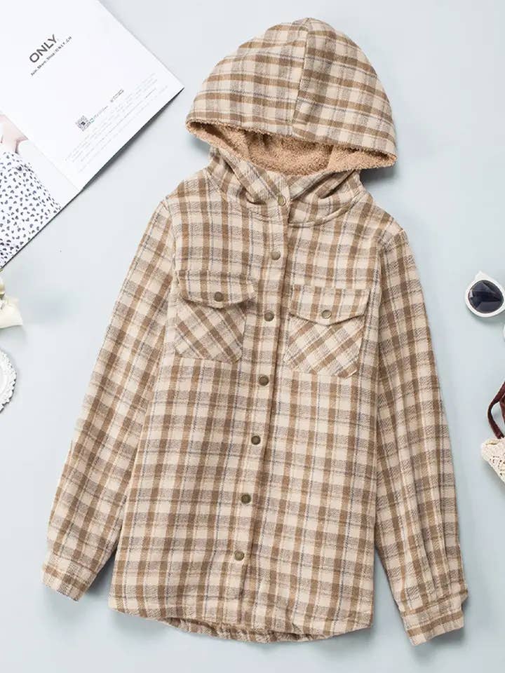 Khaki Plaid Hooded Shacket with Sherpa Lining for Fall for wholesale on Faire3