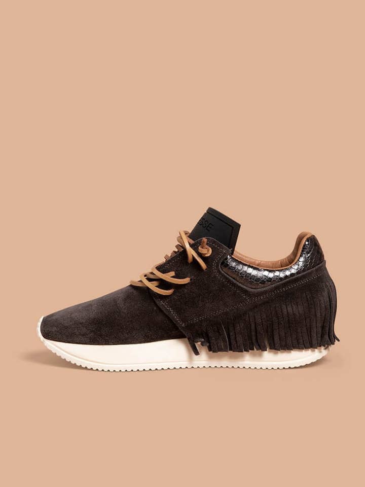 Esseutesse Suede Fringe Sneaker - Charcoal for wholesale on Faire