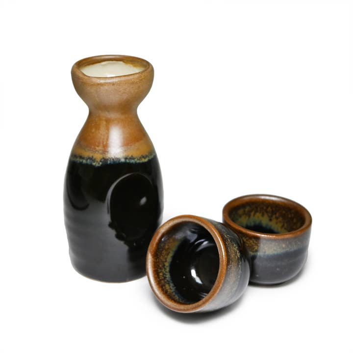 Japanese Sake Set – Black Brown Rim (5 oz) for wholesale by Fuji Merchandise Corporation