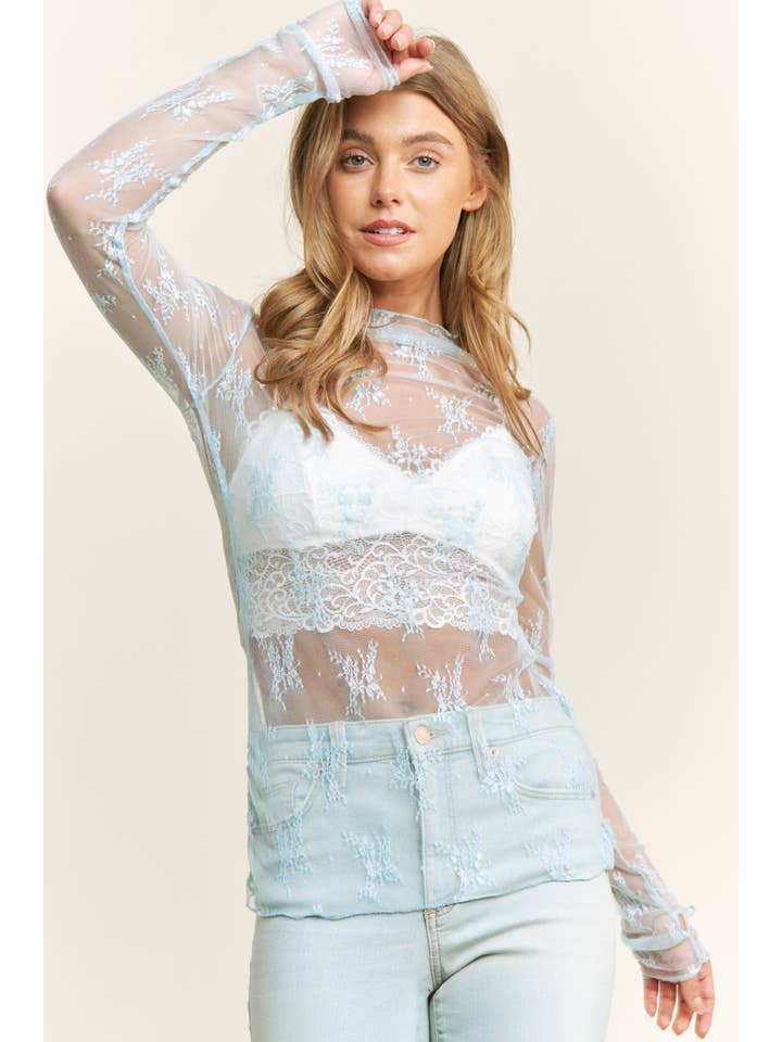 Sweet Generis - Wholesale Knit Top - Women's - MESH LACE HIGH NECK DESIGN LONG SLEEVE FITTED TOP43