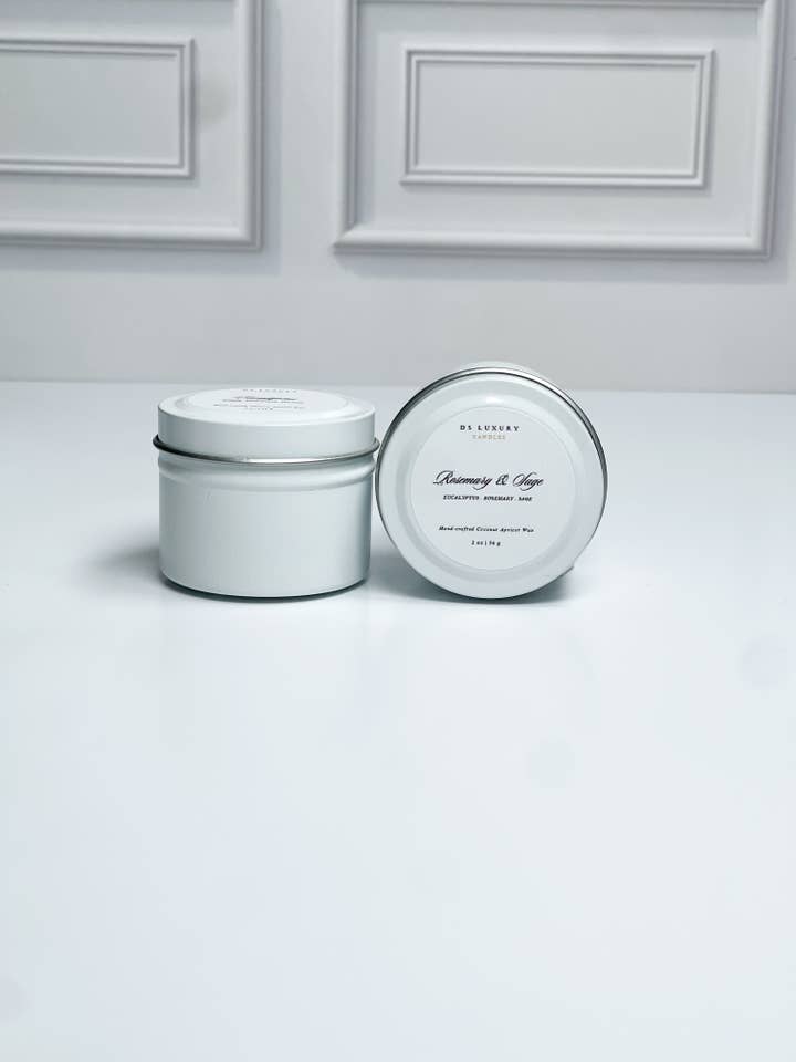 Rosemary & Sage— 2 oz White Tin for wholesale by DS Luxury Candles