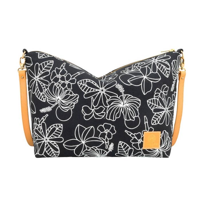Slouchy Cross Body • Honey Girl Blooms • White on Black Fabric for wholesale by Jana Lam