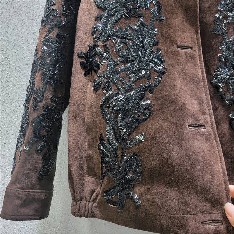 M161 Brown Sequin Embroidered Suede Moto Jacket for wholesale on Faire4