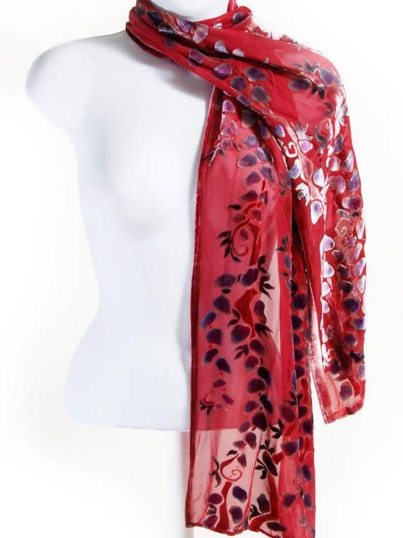 Devoré Velvet Scarf with Hand Painted Willow Branches in Red for wholesale by Sherit Levin Textiles