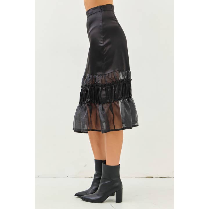 BLACK SATIN MIDI SKIRT WITH RUFFLED SHEER ORGANZA for wholesale on Faire