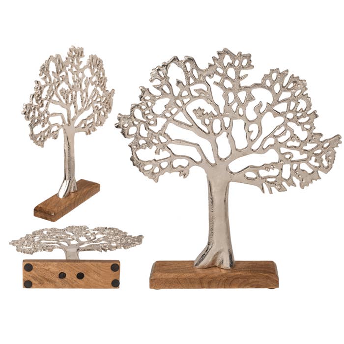 Albero della vita color argento su base in legno per la vendita all'ingrosso da parte di Out of the blue KG