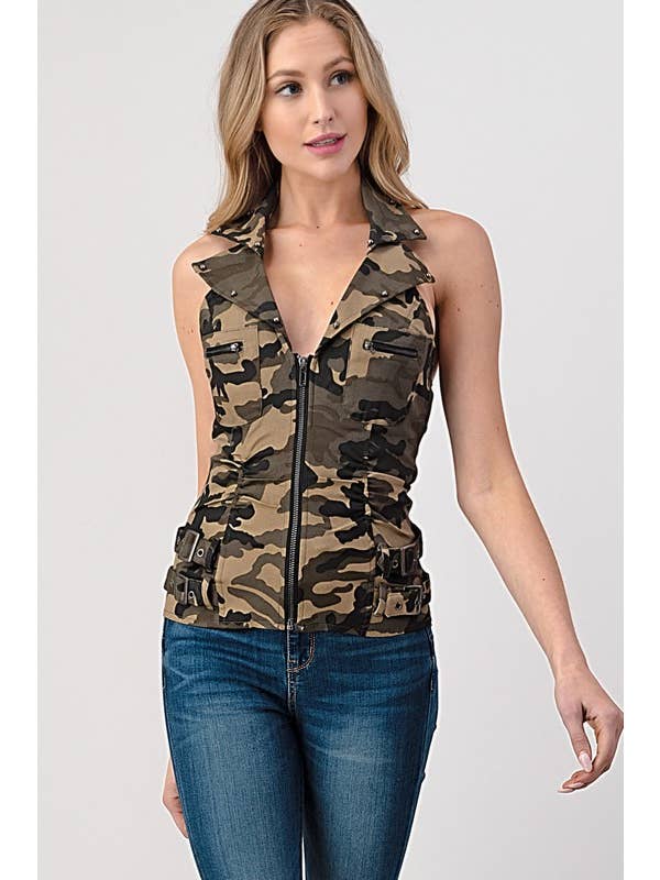 Lydia USA – wholesale Blus - Dam – Kamouflagemönstrad halterneck-topp