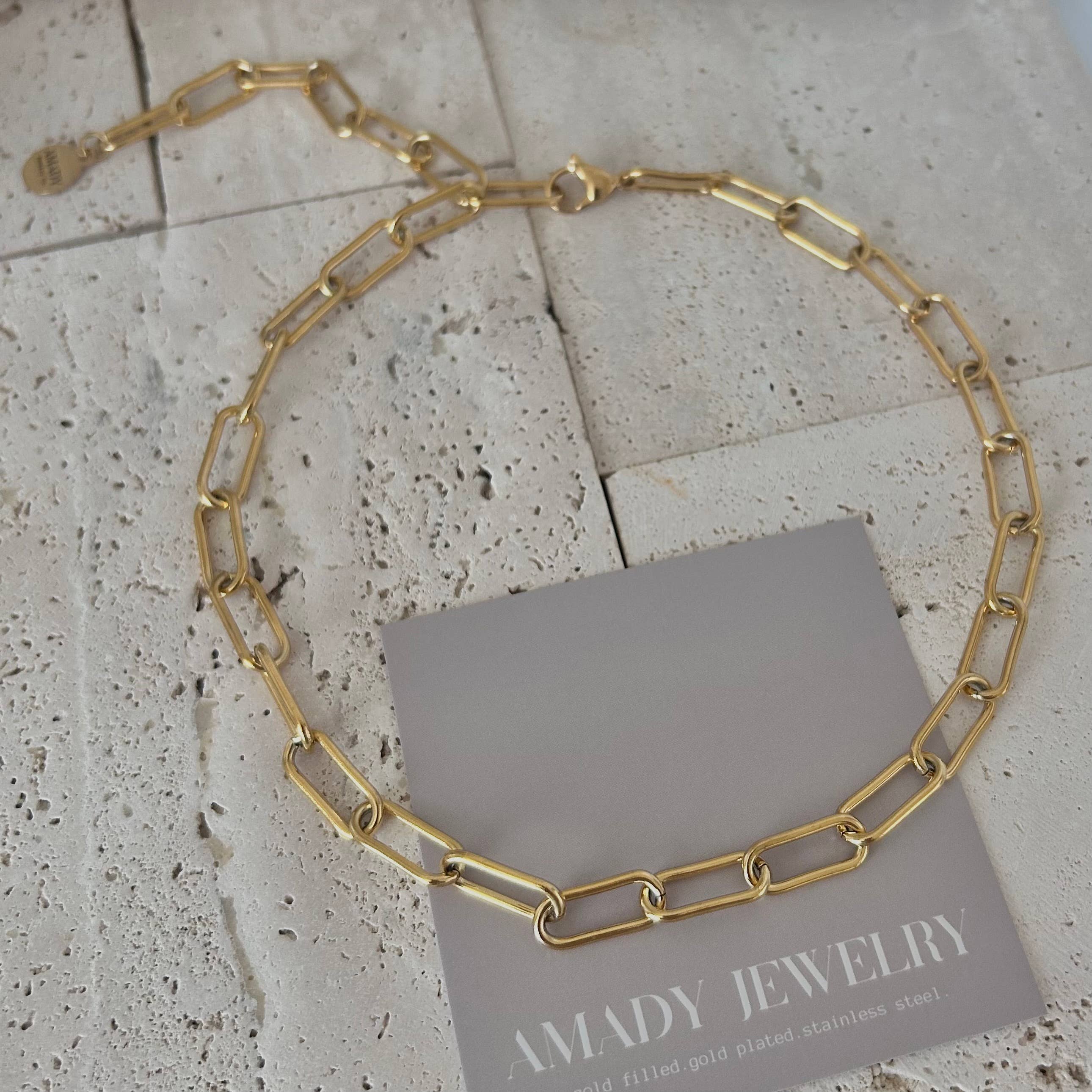 Amady Jewelry - Wholesale Link & Chain Necklace - 18k Gold Plated Paperclip Link Necklace Choker Lariat8