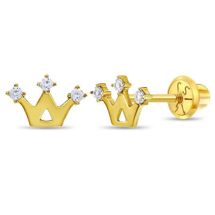 14k Yellow Gold Princess Crown Earrings Little Girls Safety for wholesale by In Season Jewelry