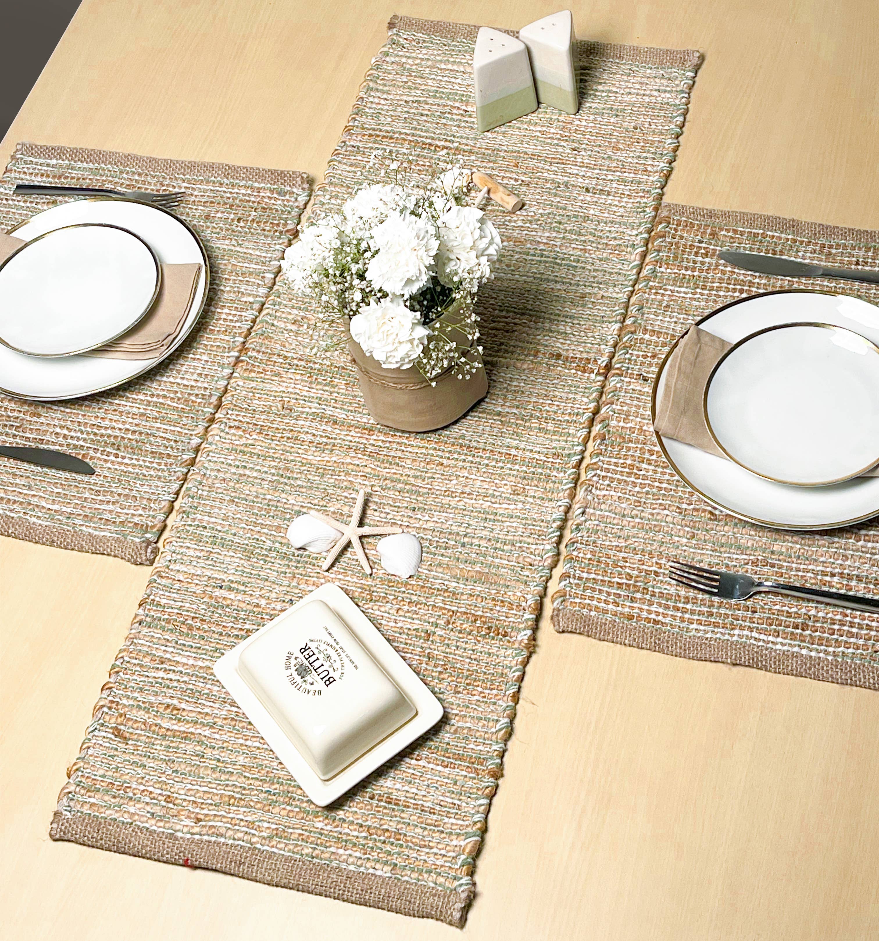Green OMBRE TABLE RUNNER, NATURAL JUTE-SAGE GREEN-WHITE,13''x36''. for wholesale on Faire1