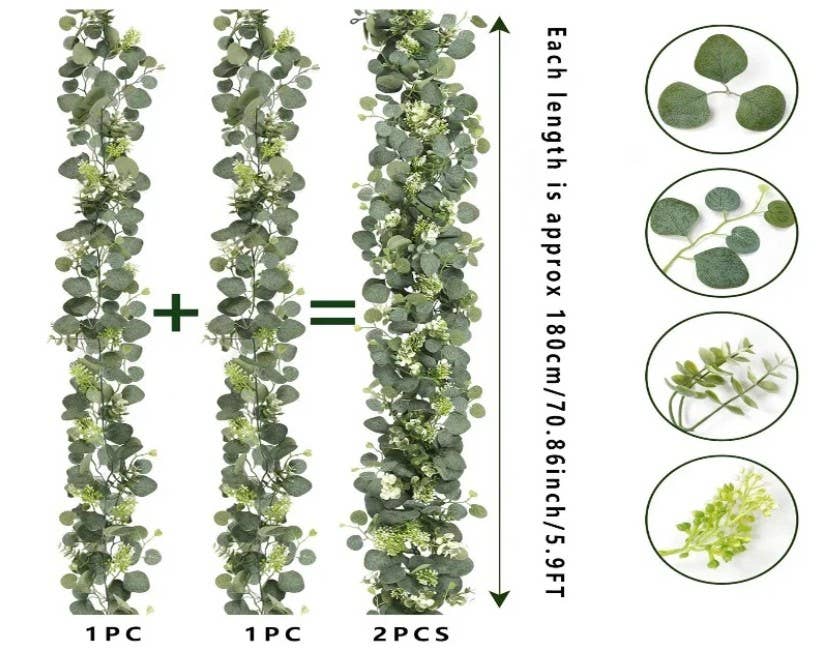 Kiyo Home - Vente Fleurs artificielles - Ensemble de 2 guirlandes artificielles d’eucalyptus vert3