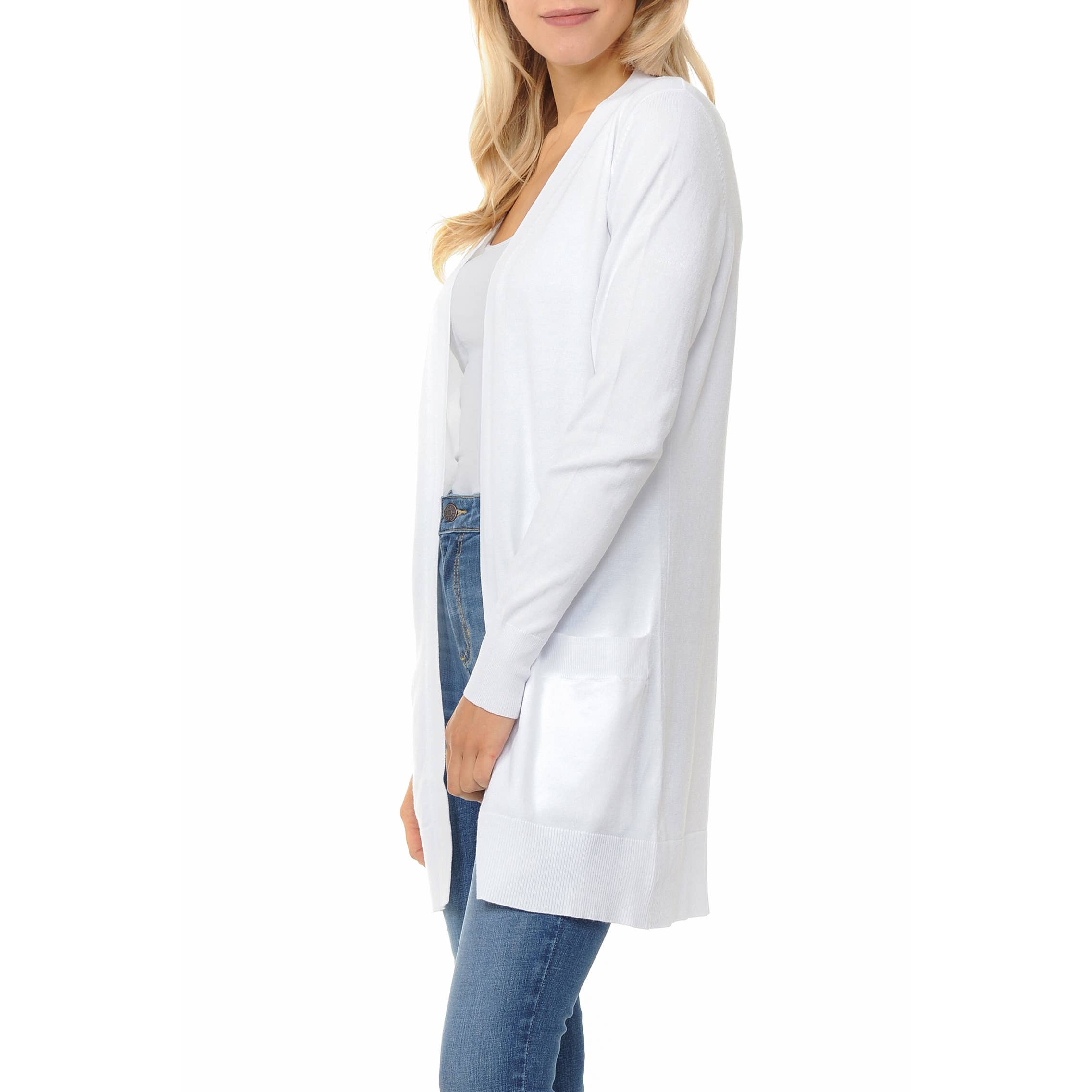 Urban Look - Wholesale Cardigan - Women's - Premium Lightweight Open Front Pocket Cardigan White1