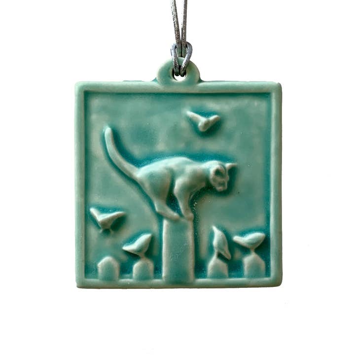 Cat on Fence Ornament cat lovers gift cat bird ornaments for wholesale by Whistling Frog Tile Inc.
