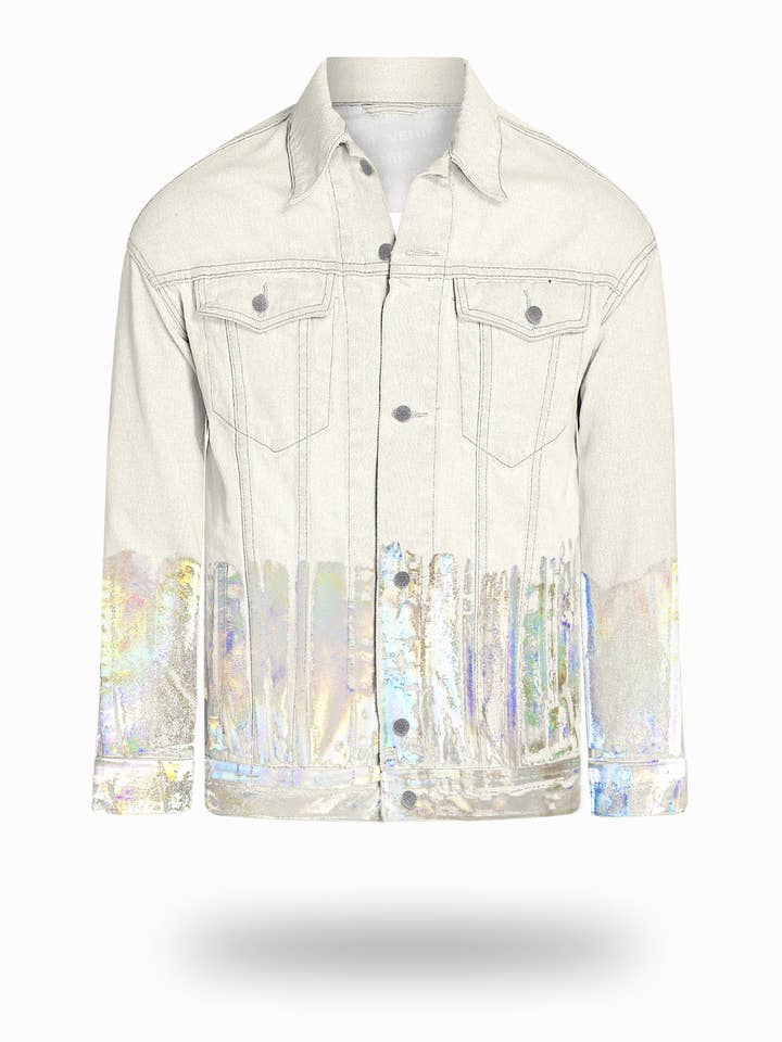 Jaqueta jeans esbranquiçada mais longa com folha holográfica por atacado de VENIM