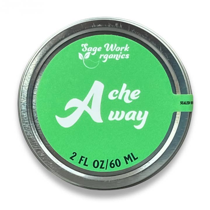 Ache Away (Fast-acting relief salve for pain, sprains, and pulled muscles) for wholesale by Sage Work Organics Inc.