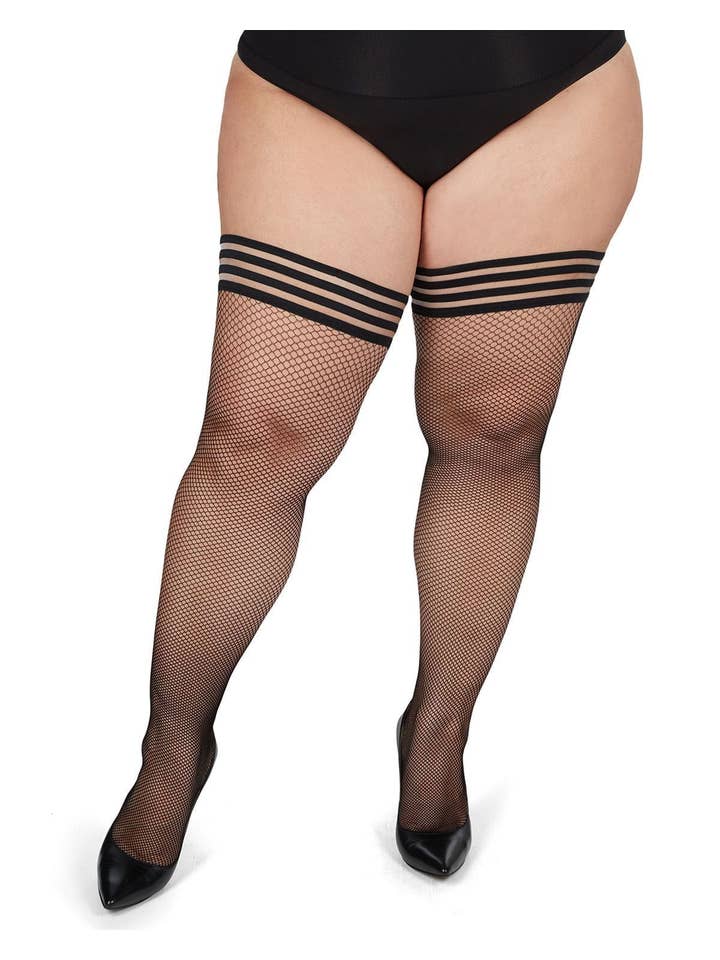 Noir-Rouge Bas de cuisse en résille à coutures arrière de grande taille en vente sur Faire2