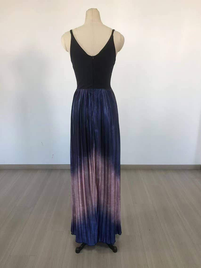 Flerfärgad DR355 Gradient veckad swing aftonklänning med djup V-hals för wholesale på Faire8