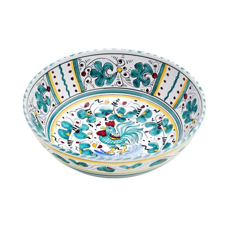 ORVIETO GREEN ROOSTER: Salad Bowl (Medium) for wholesale by Artistica - Deruta of Italy