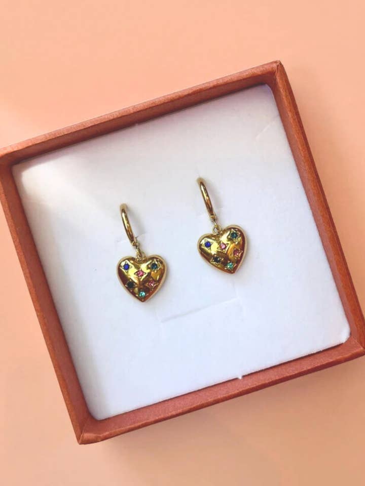 18K Gold Multi-colour Heart 'LOVE' Hoop Earrings for wholesale by Alesi Jewellery