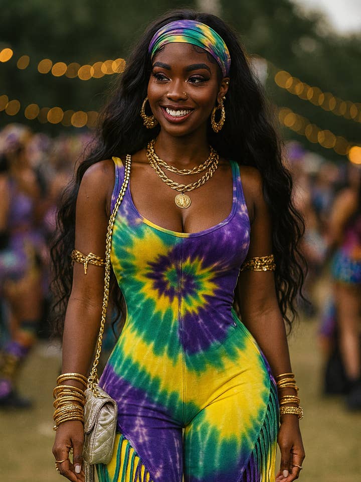 MARDI GRAS SWIRL TIE DYE OPEN BACK FRINGE JUMPSUIT for wholesale by Dalia Studio