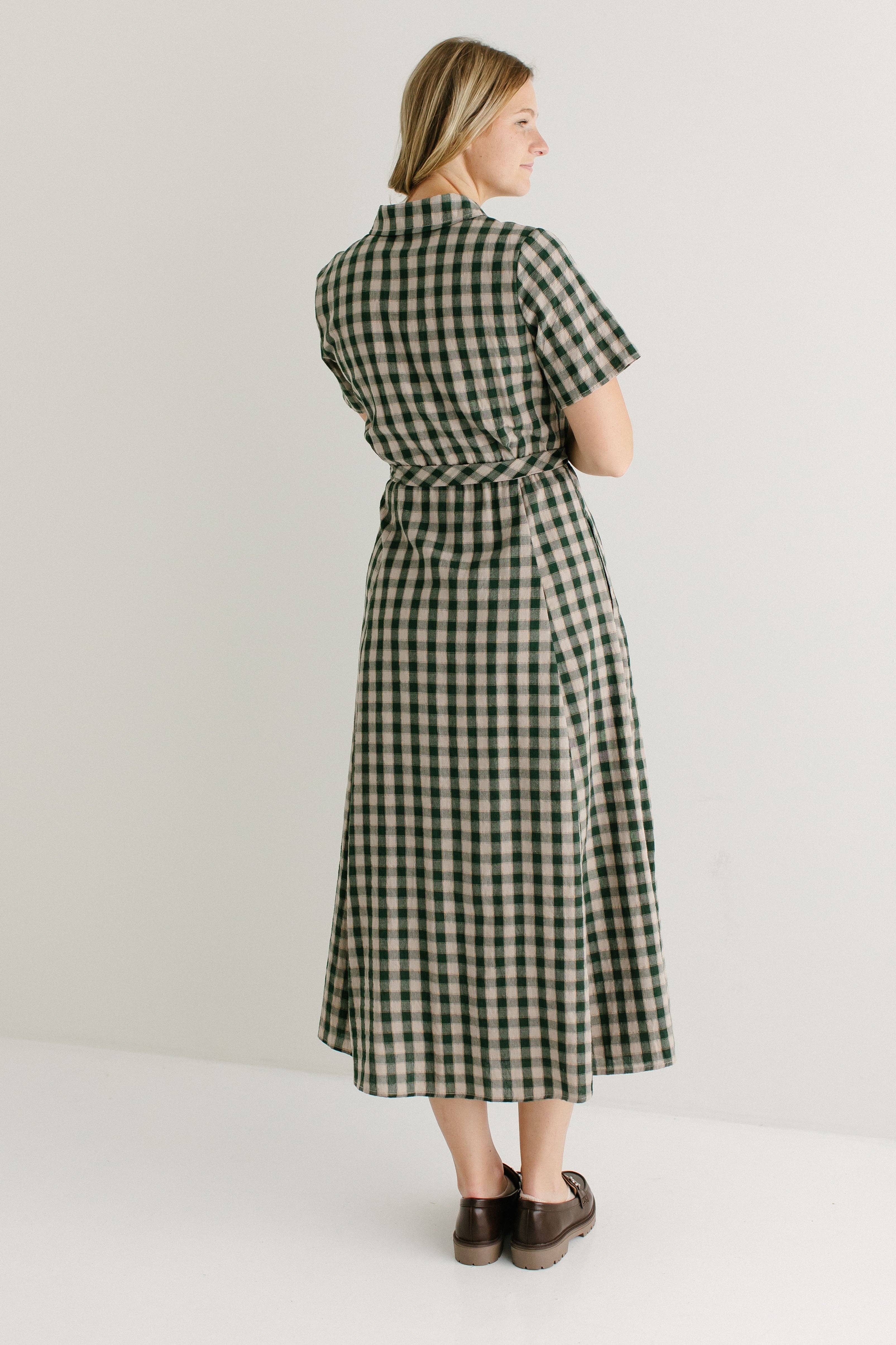 Light Tan 'Mae' Green Gingham A-Line Cotton Shirtdress FINAL SALE for wholesale on Faire3