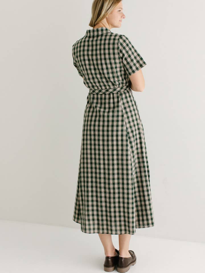 Light Tan 'Mae' Green Gingham A-Line Cotton Shirtdress FINAL SALE for wholesale on Faire3