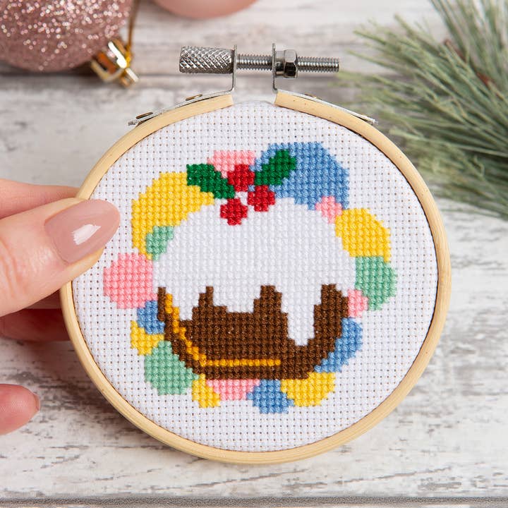 Christmas Pudding 3 Inch Hoop Beginner Cross Stitch Kit for wholesale by Wool Couture Company